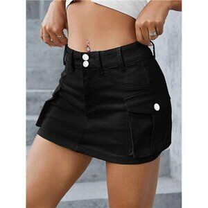 Y2K Black Cargo Denim Mini Skirt Low Waist Extra Short Bodycon‎ Skirt W/ Pockets